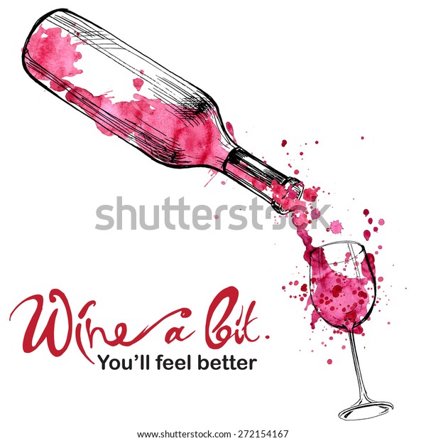 手描きのベクターワインイラスト ボトルからグラスに注ぐワイン 白い背景に水彩のスプラッシュとスタンプとスケッチされたワイングラス ボトル のベクター画像素材 ロイヤリティフリー