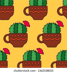 sketch hand drawing cactus, Indian tradition kalamkari style, vector illustration