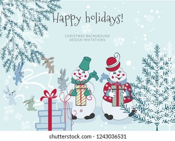 Sketch hand drawing cartoon snowmen with gifts and Christmas tree on white background.Rabbits playing in the snow.Christmas postcard or greeting invitation holidays