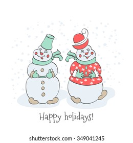 Sketch hand drawing cartoon snowmen on a white background.Christmas postcard greetings holidays