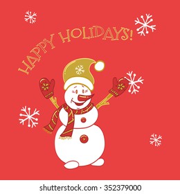 Sketch hand drawing cartoon snowmen on a red background.Christmas postcard greetings holidays