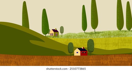 Dibujo a mano del bosquejo del campo, Ilustración vectorial áspera del arte de la línea del paisaje del paisaje del paisaje. Prado verde hierba Pequeñas colinas. Antiguas al viejo estilo.