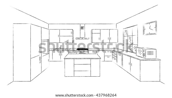 Sketch Hand Drawing Kitchen Interior Plan Stock Vector