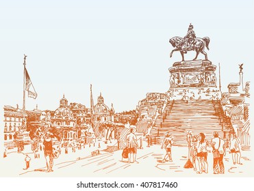 sketch hand drawing of Piazza Venezia in Rome - Altar of the Fatherland Italy, Vittorio Emanuele, Monument for Victor Emenuel II, famous cityscape, vector illustration