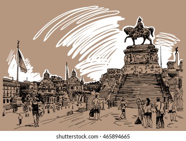 sketch hand drawing of Piazza Venezia in Rome - Altar of the Fatherland Italy, Vittorio Emanuele, Monument for Victor Emenuel II, famous cityscape, vector illustration