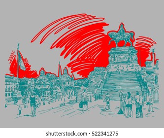 sketch hand drawing of Piazza Venezia in Rome - Altar of the Fatherland Italy, Vittorio Emanuele, Monument for Victor Emenuel II, famous cityscape, vector illustration