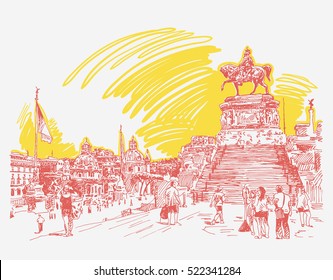 sketch hand drawing of Piazza Venezia in Rome - Altar of the Fatherland Italy, Vittorio Emanuele, Monument for Victor Emenuel II, famous cityscape, vector illustration