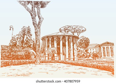 sketch hand drawing of Rome Italy famous cityscape, travel card, vector illustration