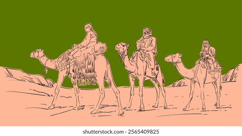 Sketch hand drawing silhouttes camel caravan on desert background on papercut style. Design for islamic eid adha and ramadan karem banner, card and poster.