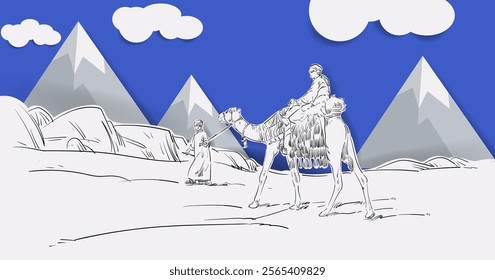 Sketch hand drawing silhouttes camel caravan on desert background on papercut style. Design for islamic eid adha and ramadan karem banner, card and poster.