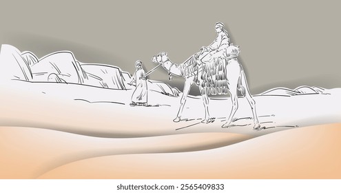 Sketch hand drawing silhouttes camel caravan on desert background on papercut style. Design for islamic eid adha and ramadan karem banner, card and poster.