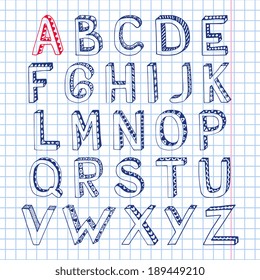 Sketch hand drawn 3d doodle alphabet letters on squared notebook page isolated vector illustration