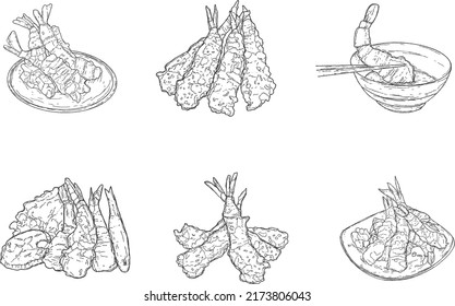 Sketch Hand drawn Assorted tempura on plate is Japanese most one of famous food