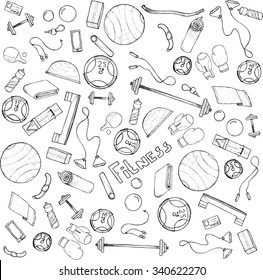 Sketch hand drawn background with accessories for fitness and lettering vector