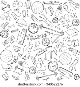 Sketch hand drawn background with accessories for fitness and lettering vector