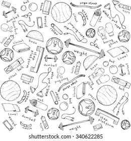 Sketch hand drawn background with accessories for fitness and lettering vector