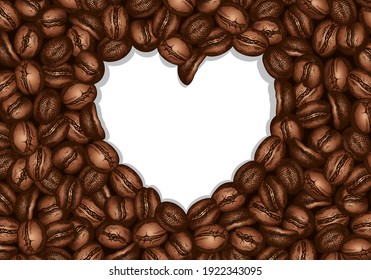 Sketch hand drawn background with brown roasted coffee beans in heart shape. Coffee grains poster, card, frame, wallpaper. Arabica, robusta, espresso, caffeine, seed, cafe, drink. Vector illustration.