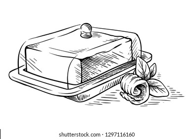 sketch hand drawn Block of butter on dish and curls vector illustration