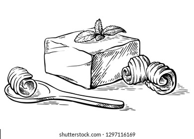 Sketch Hand Drawn Block Of Butter And Spoon With Curl Vector Illustration