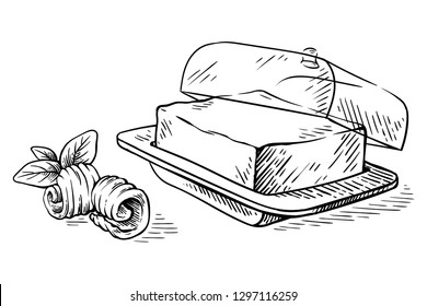 sketch hand drawn Block of butter on dish and curls vector illustration