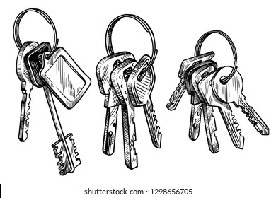 sketch hand drawn bunch of keys on white background vector illustration