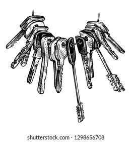 sketch hand drawn bunch of keys on white background vector illustration