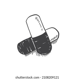 sketch, hand drawn capsule pill on white blackground,illustration