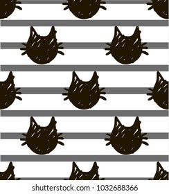 sketch hand drawn cat heads pattern on gray stripes. vector wallpaper