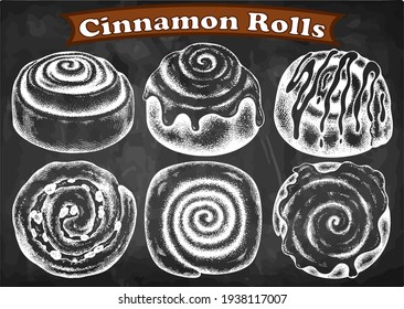 Sketch hand drawn cinnamon rolls isolated on chalkboard, blackboard. Glaze, icing, toppings. Line art cinnabon roll background. Cinnamon roll with cream, raisins. Retro food.Vector illustration