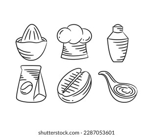 sketch hand drawn coffee bean, spoon, chef hat icons illustration
