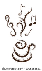 Sketch hand drawn coffee cup with music steam on white background