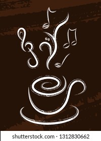 Sketch hand drawn coffee cup with music steam on brown vintage background