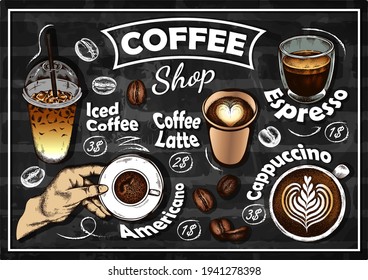 Dibuja un cartel de Coffee Shop dibujado a mano con bebidas coloridas aisladas en pizarra. Espresso, capuchino, café latte, café helado, americano, bebida para llevar, granos de café. Menú de café. Ilustración del vector