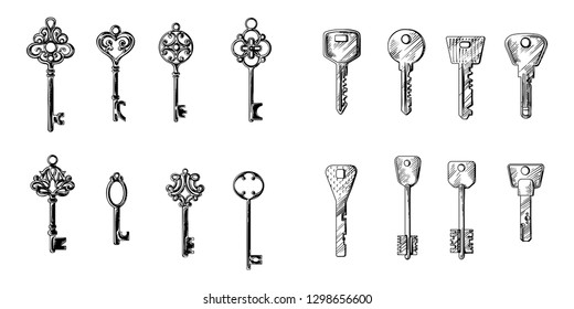 sketch hand drawn collection of keys from different styles old modern vintage vector illustration