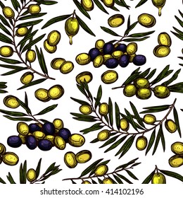 Sketch Hand Drawn Color Olive Oil Seamless Pattern With Oil Branches