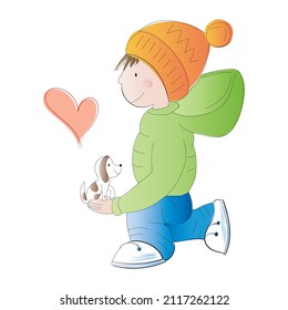 Sketch hand drawn colored boy child with his dog isolated on white background. Vector illustration.