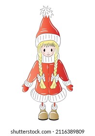 Sketch hand drawn colored girl child with blond pigtails in christmas red dress isolated on white background. Vector illustration.