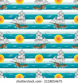 Sketch hand drawn colored sailing boat and sunset on blue background. Vector illustration.