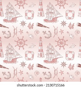 Sketch hand drawn colored sailing boat, steering wheels, anchors and seagulls on grunge vintage background. Seamless pattern. Vector illustration