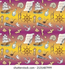 Sketch hand drawn colored sailing boat, steering wheels, anchors and seagulls on bright background. Seamless pattern. Vector illustration