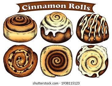 Sketch hand drawn colorful brown cinnamon rolls isolated on white background. Glaze, icing, toppings. Line art cinnabon roll. Cinnamon roll with cream, raisins. Vintage, retro food.Vector illustration