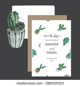 Sketch hand drawn colorful illustration cactus card.