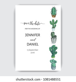 Sketch hand drawn colorful invitation cactus card. Wedding card.
