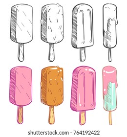 Sketch hand drawn and coloring ice cream collection. Vector illustration