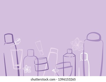 Sketch hand drawn cosmetic series with bottles design on lilac background. Containers and tubes for makeup. Flower scentю Beauty. Template Vector Illustration - Vector