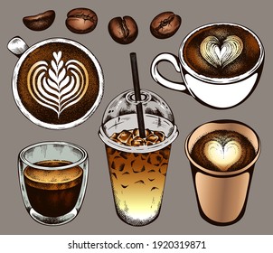 Sketch hand drawn cups of coffee in color.Espresso, cappuccino with heart art, latte, hot chocolate, iced coffee to go, coffee beans isolated. Drinks, beverages set. Vector illustration background.