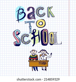 Sketch hand drawn doodle back to school concept with kids at desk vector illustration
