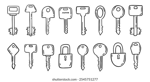 Sketch hand drawn doodle key icon set. Vintage locks and keys. Outline decor security elements collection. Vector illustration