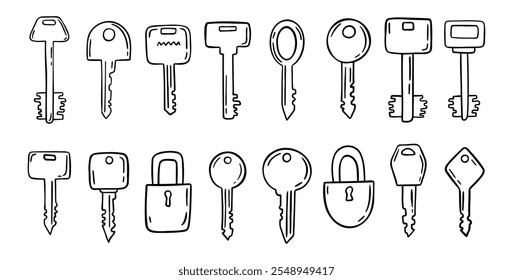 Sketch hand drawn doodle key icon set. Vintage locks and keys. Outline decor security elements collection. Vector illustration