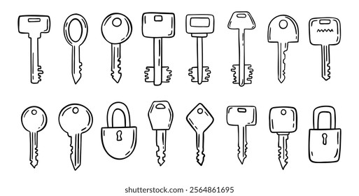 Sketch hand drawn doodle key icon set. Vintage locks and keys. Outline decor security elements collection. Vector illustration